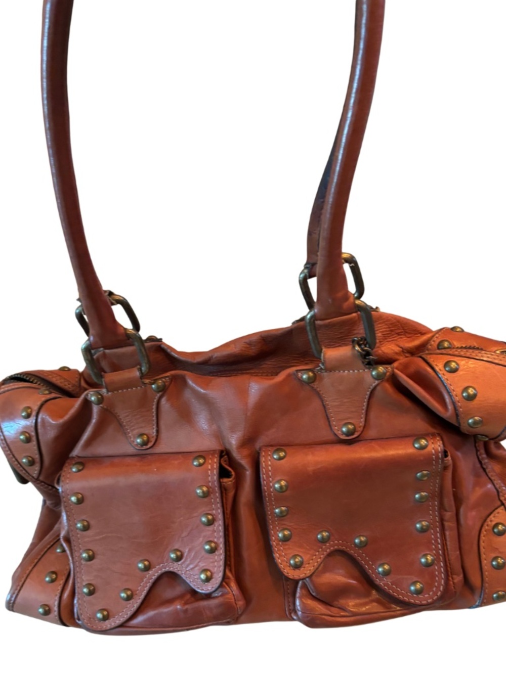 Be & D Studded Brown Leather Shoulder Bag | Y2K Revival | Edgy Chic Designer